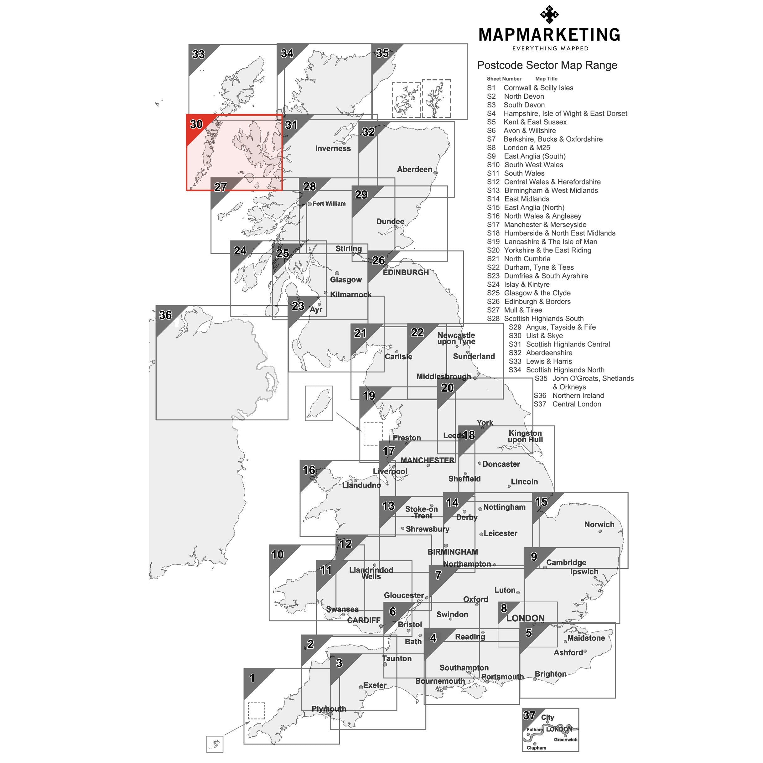 Skye Postcode Uist and Skye Postcode Map - Sector Map 30 – Geopacks