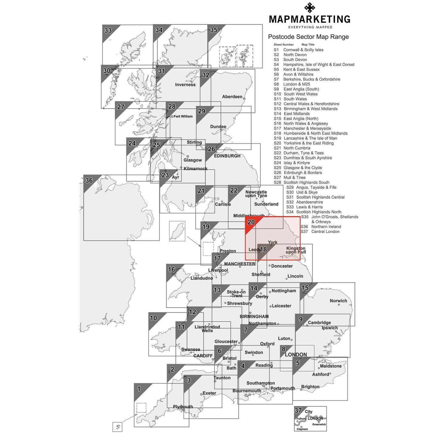 Wall Maps - Yorkshire And The East Riding (Leeds / Bradford) Postcode Map - Sector Map 20