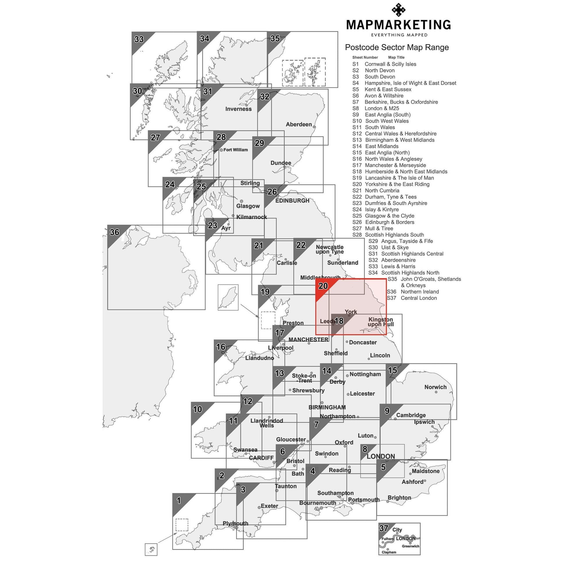 Wall Maps - Yorkshire And The East Riding (Leeds / Bradford) Postcode Map - Sector Map 20