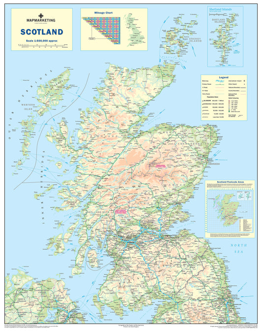 Scotland Road Map  - Laminated Wall Map of Scotland