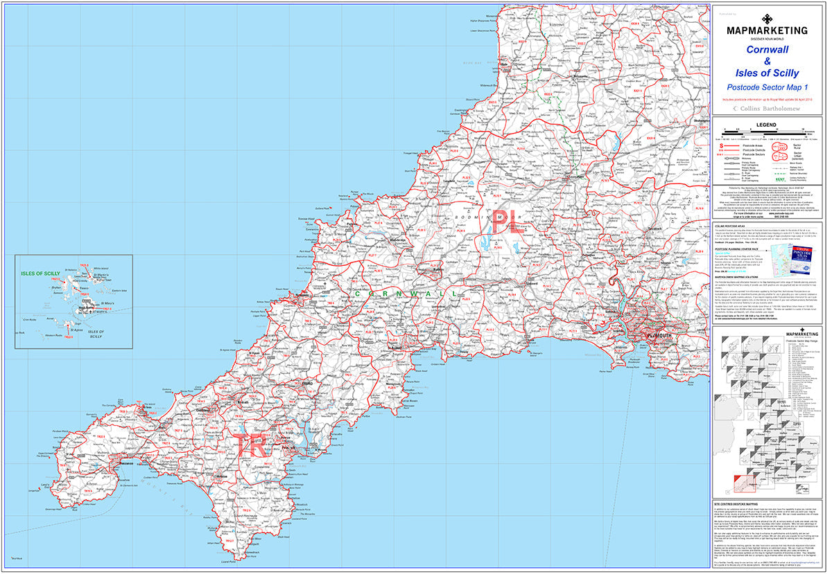 Cornwall and Scilly Isles Postcode Wall Map - Sector Map 1