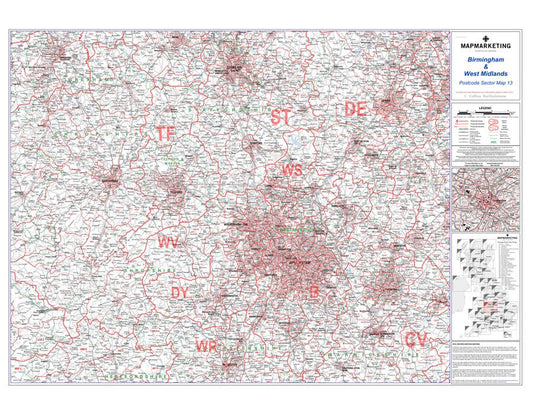 Wall Maps - Birmingham & West Midlands Postcode Map - Sector Map 13