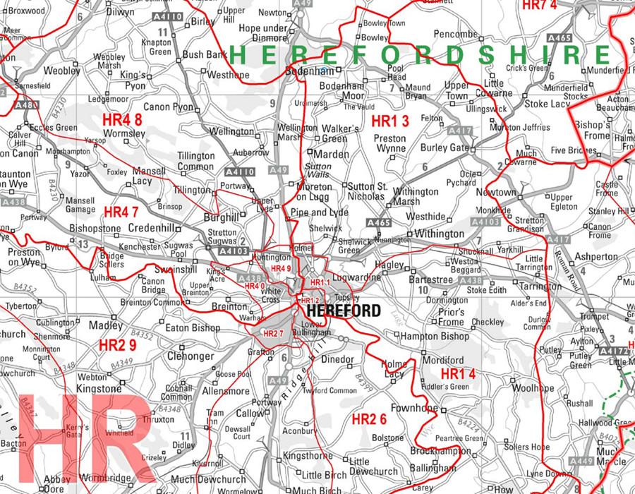 Wall Maps - Central Wales And Herefordshire Postcode Wall Map - Sector Map 12