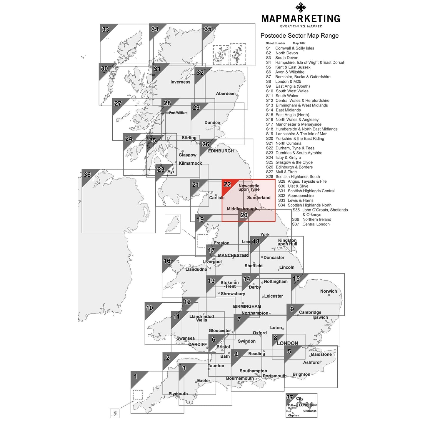 Wall Maps - Durham, Tyne And Tees (Newcastle Upon Tyne) Postcode Wall Map - Sector Map 22