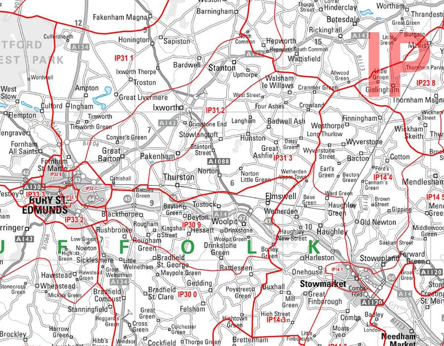 Wall Maps - East Anglia (North) Postcode Wall Map - Sector Map 15