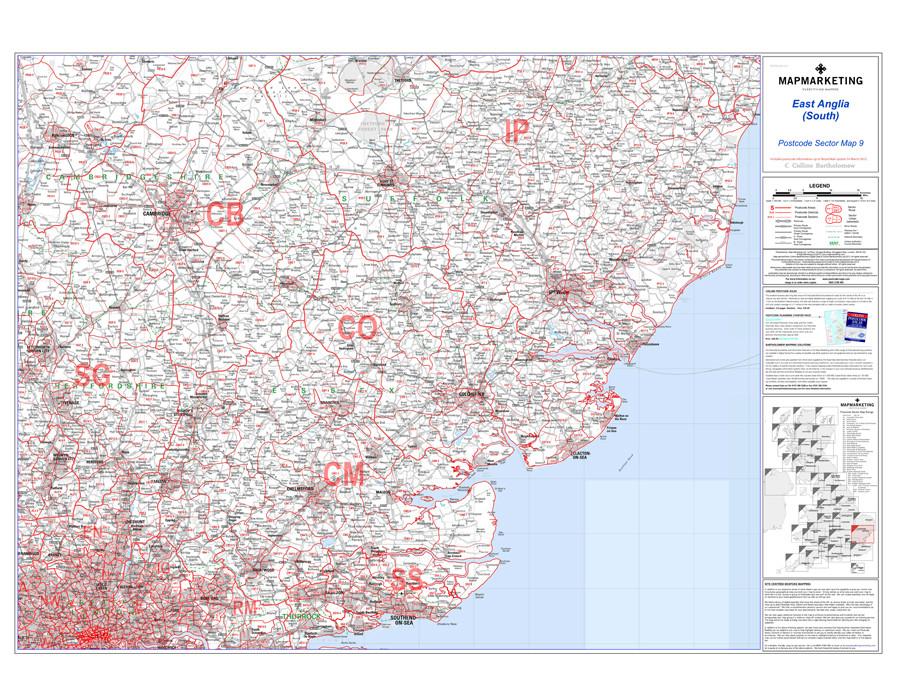 Wall Maps - East Anglia (South) Postcode Wall Map - Sector Map 9