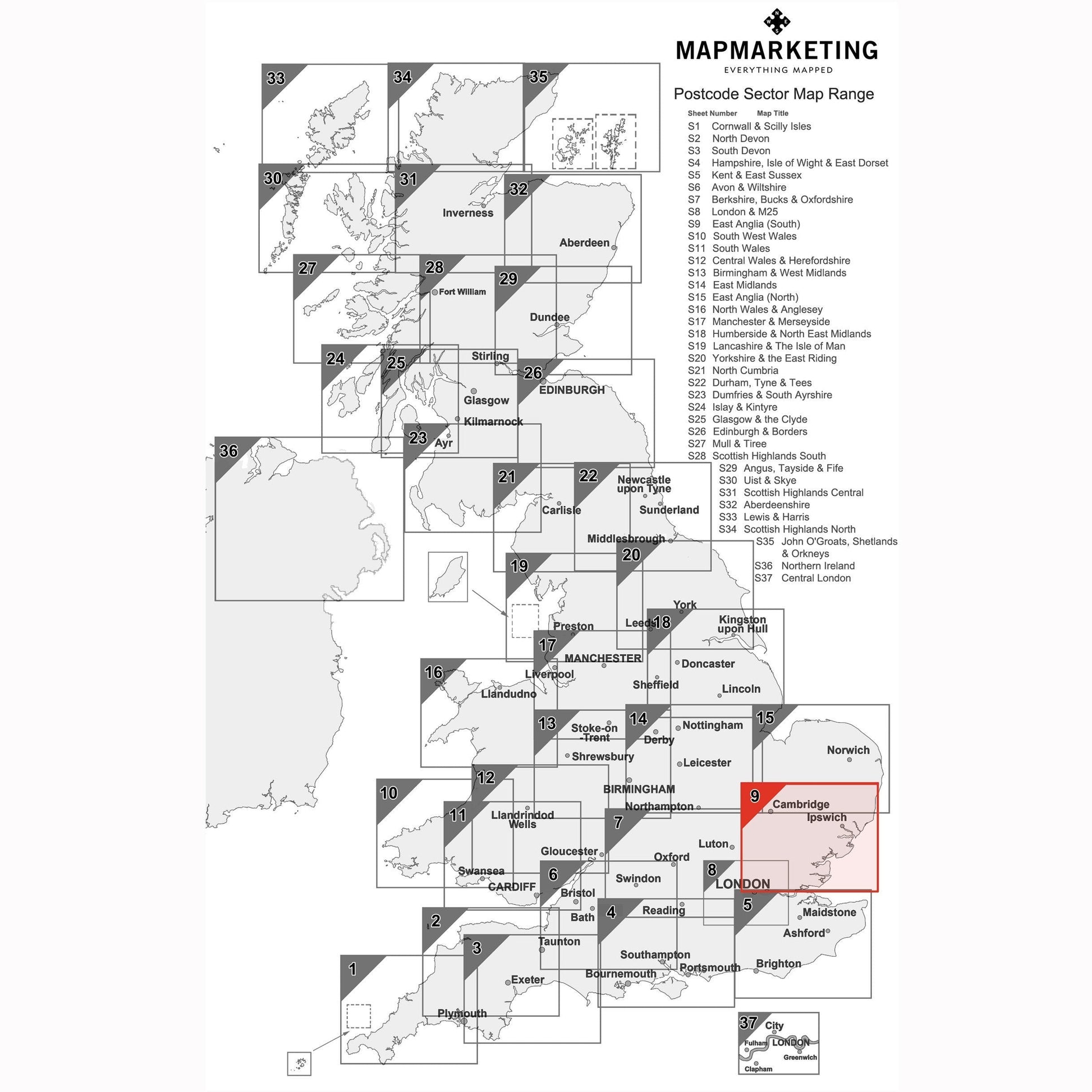 Wall Maps - East Anglia (South) Postcode Wall Map - Sector Map 9