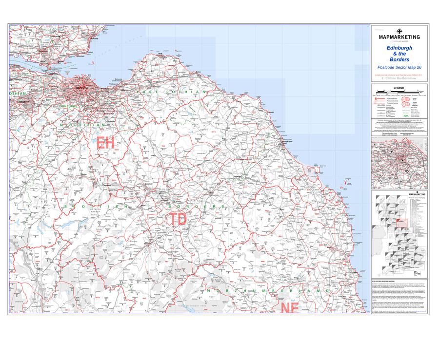 Wall Maps - Edinburgh And Borders Postcode Wall Map - Sector Map 26
