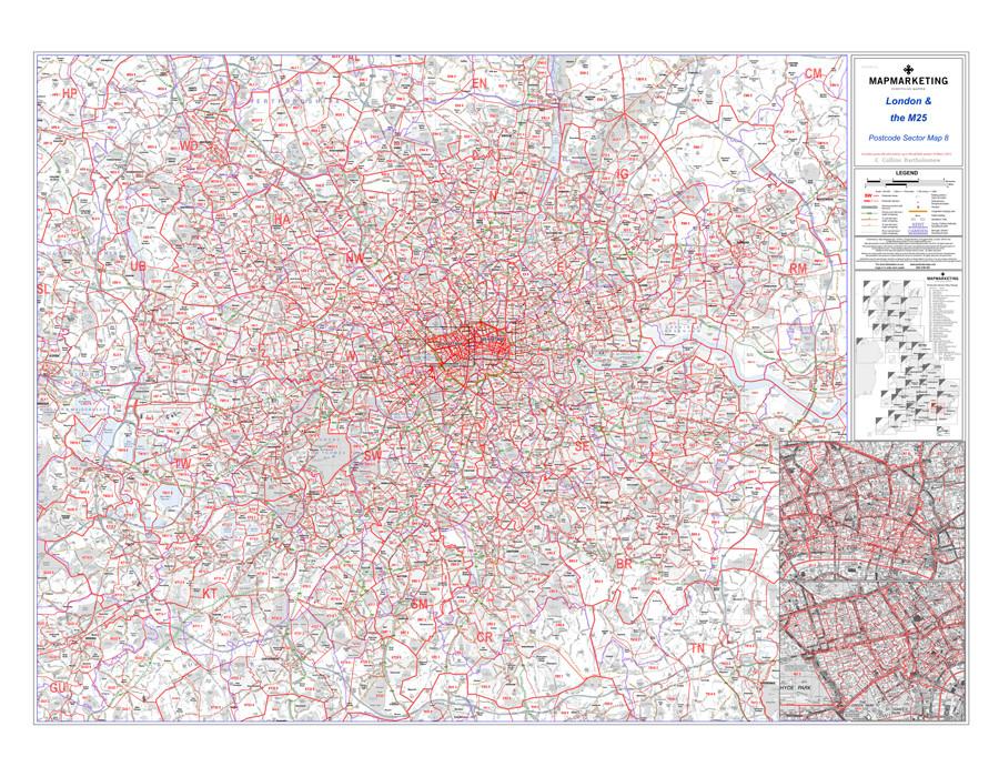 Wall Maps - London And The M25 Postcode Wall Map - Sector Map 8