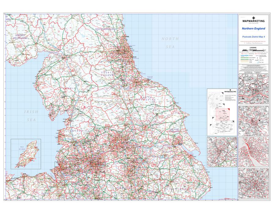 Wall Maps - Northern England (Newcastle-upon-Tyne, Leeds, Manchester & Liverpool) Postcode Map - District Map 4