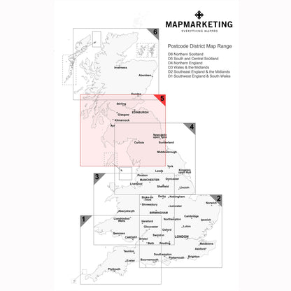 Wall Maps - South And Central Scotland (Glasgow, Edinburgh And Newcastle-upon-Tyne) Postcode Wall Map - District Map 5