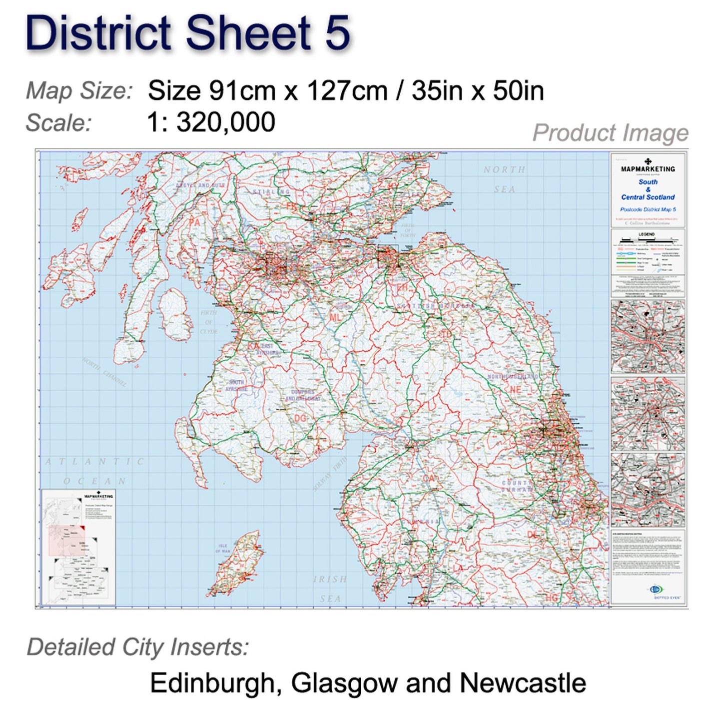 Wall Maps - South And Central Scotland (Glasgow, Edinburgh And Newcastle-upon-Tyne) Postcode Wall Map - District Map 5