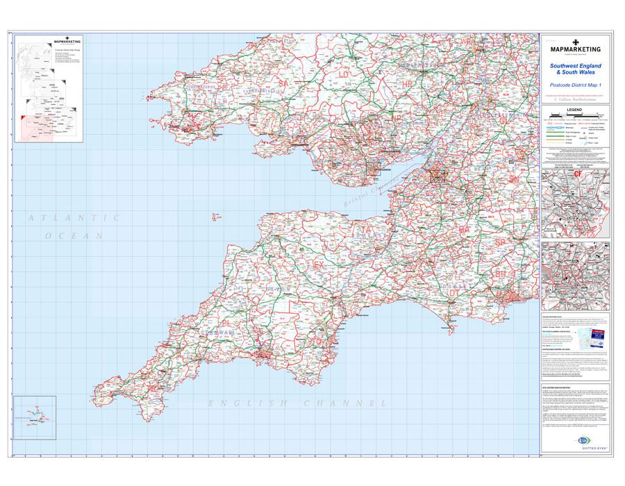 Wall Maps - Southwest England And South Wales (Cardiff And Bristol) Postcode Wall Map - District Map 1