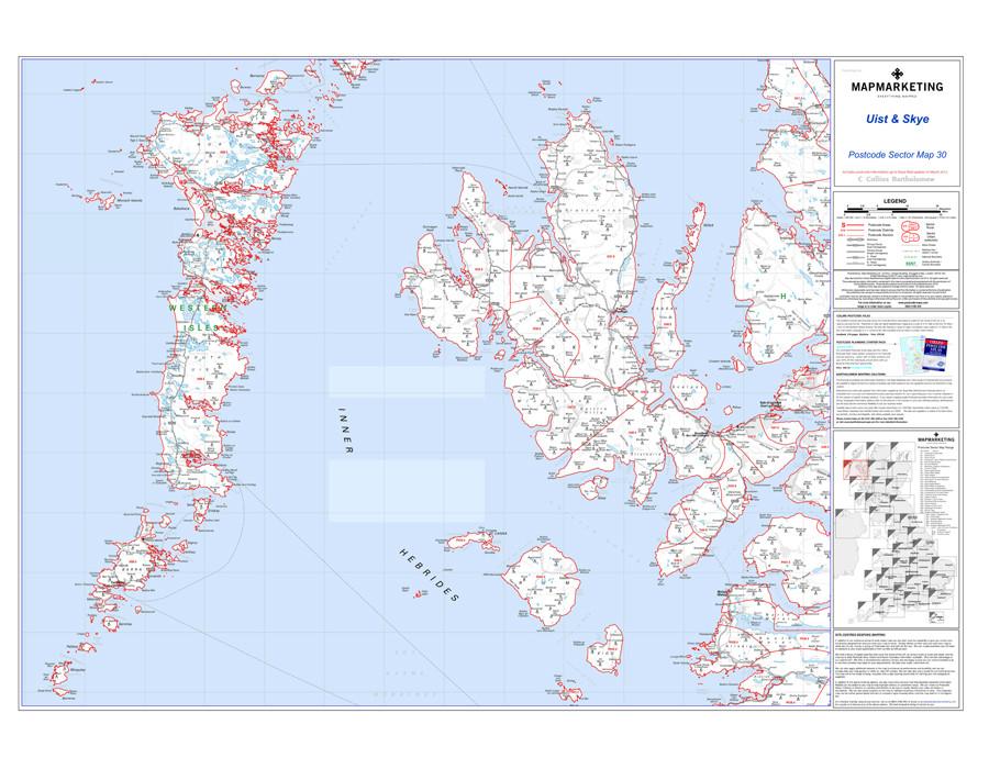 Wall Maps - Uist And Skye Postcode Map - Sector Map 30
