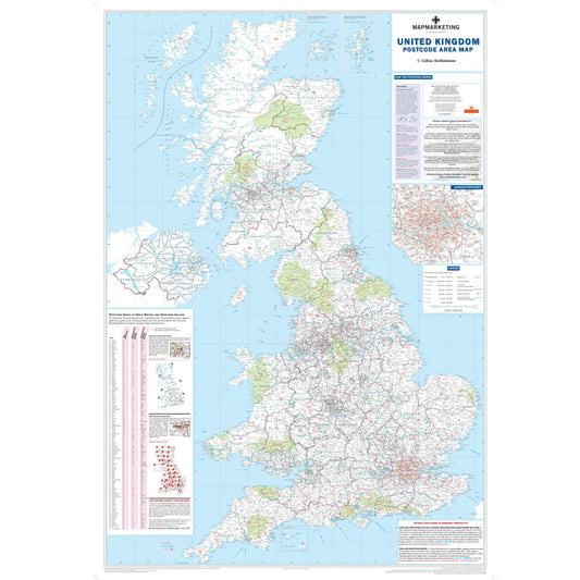 Wall Maps - UK Postcode Wall Map - Postcode Areas Incl Great Britain & NI