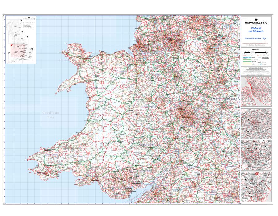 Wall Maps - Wales And The Midlands (Liverpool, Birmingham, Cardiff, Bristol) Postcode Wall Map - District Map 3