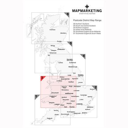 Wall Maps - Wales And The Midlands (Liverpool, Birmingham, Cardiff, Bristol) Postcode Wall Map - District Map 3