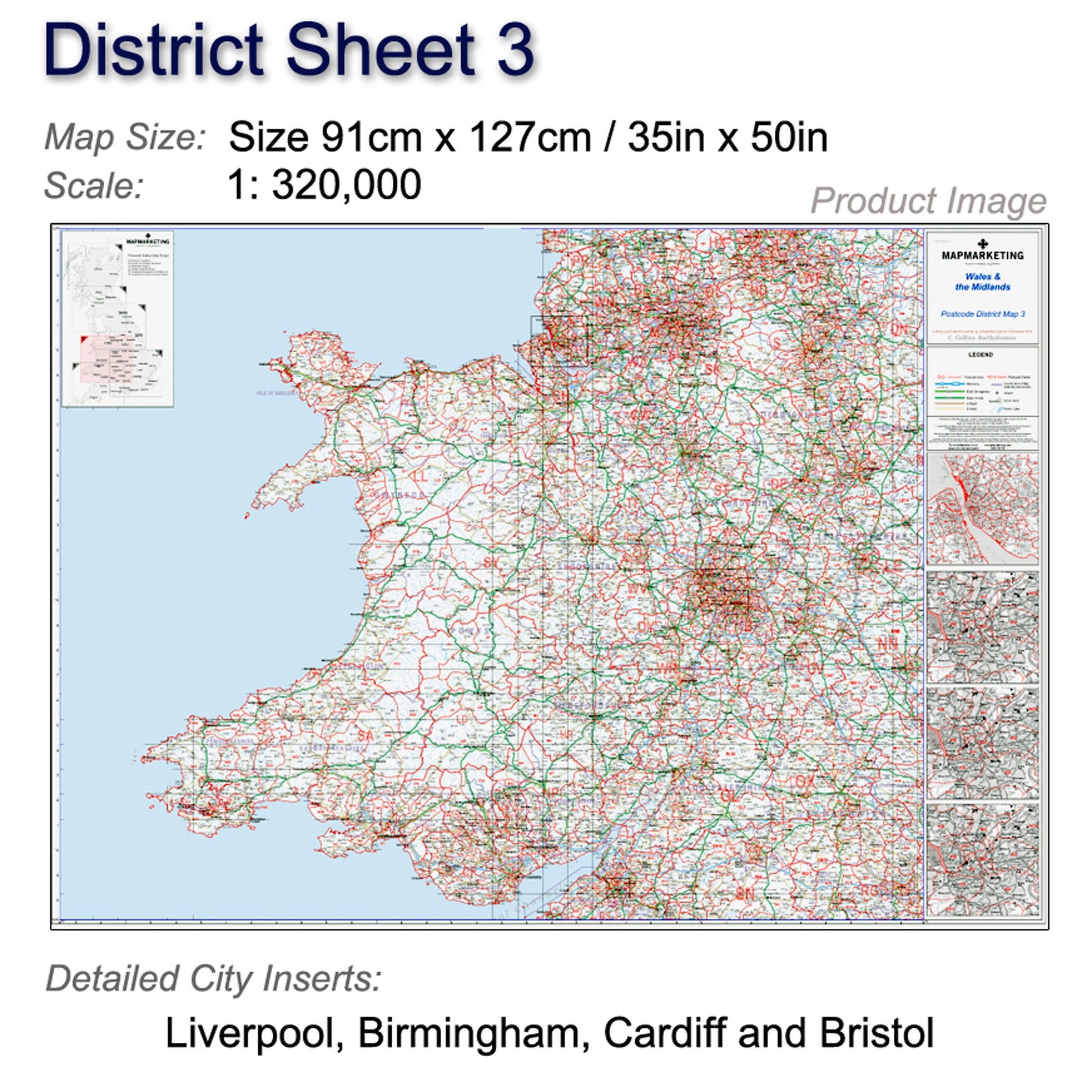 Wall Maps - Wales And The Midlands (Liverpool, Birmingham, Cardiff, Bristol) Postcode Wall Map - District Map 3